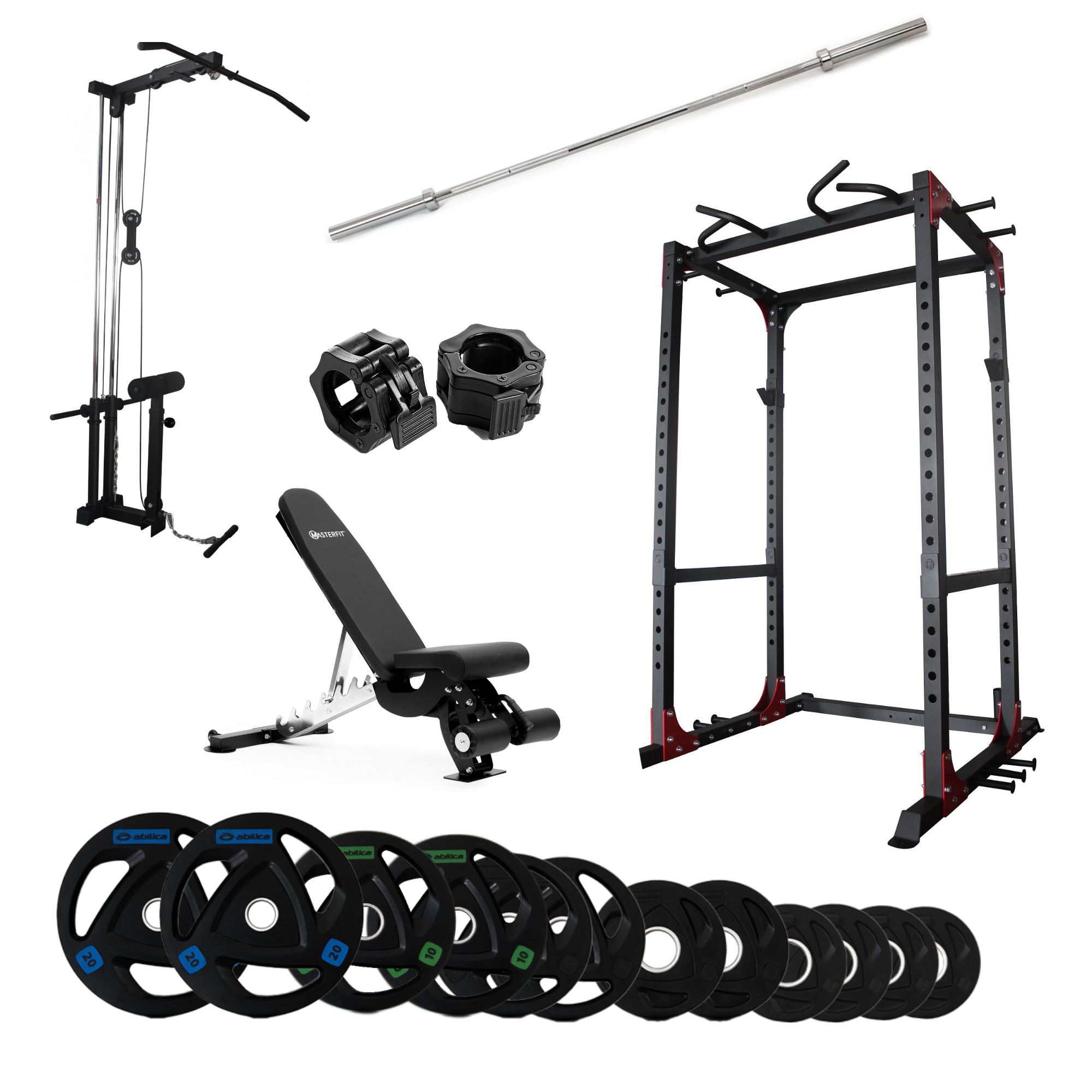 Powerrack med benk og nedtrekk olympiske vektskiver 130 kg