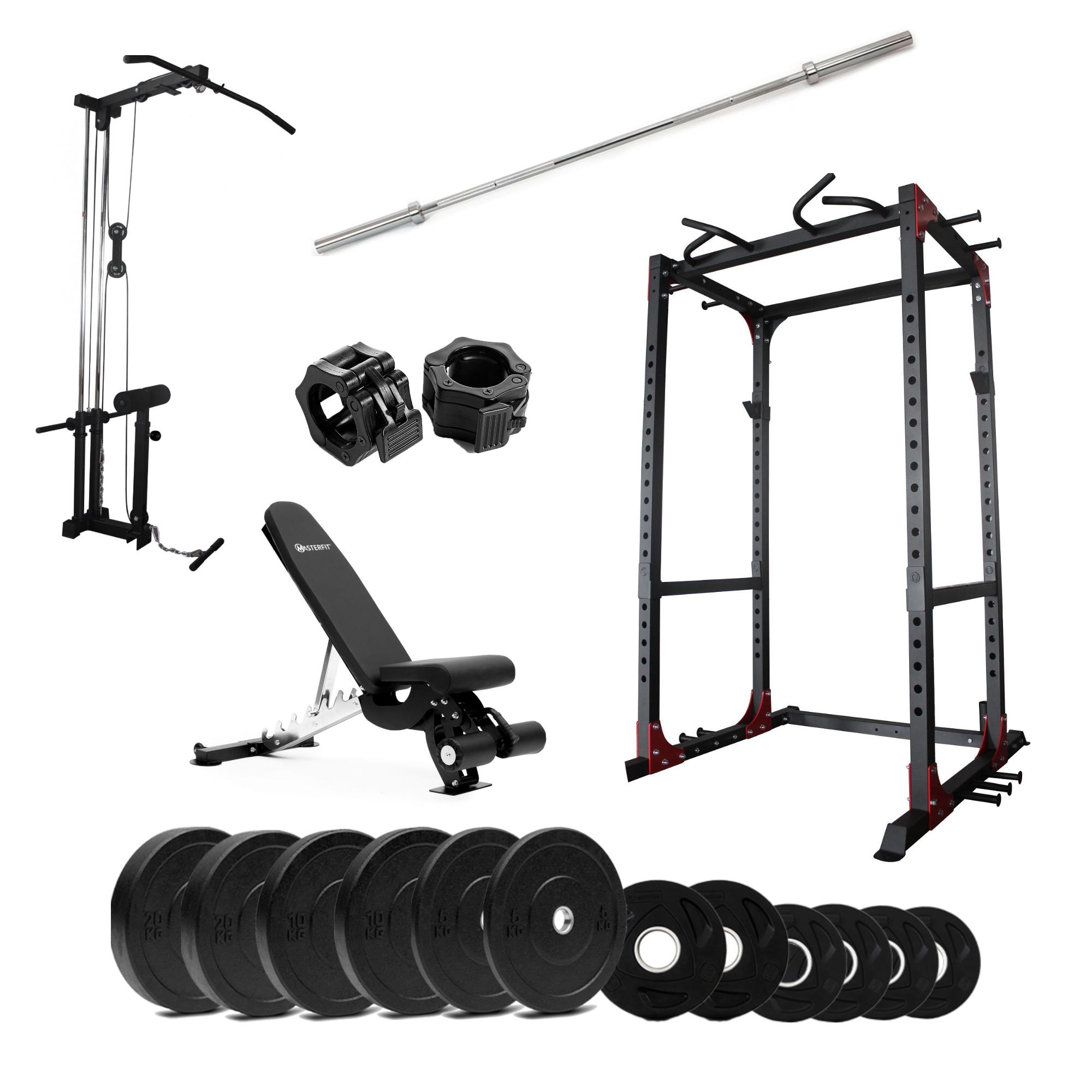 Powerrack med benk og nedtrekk bumper vektskiver 130 kg