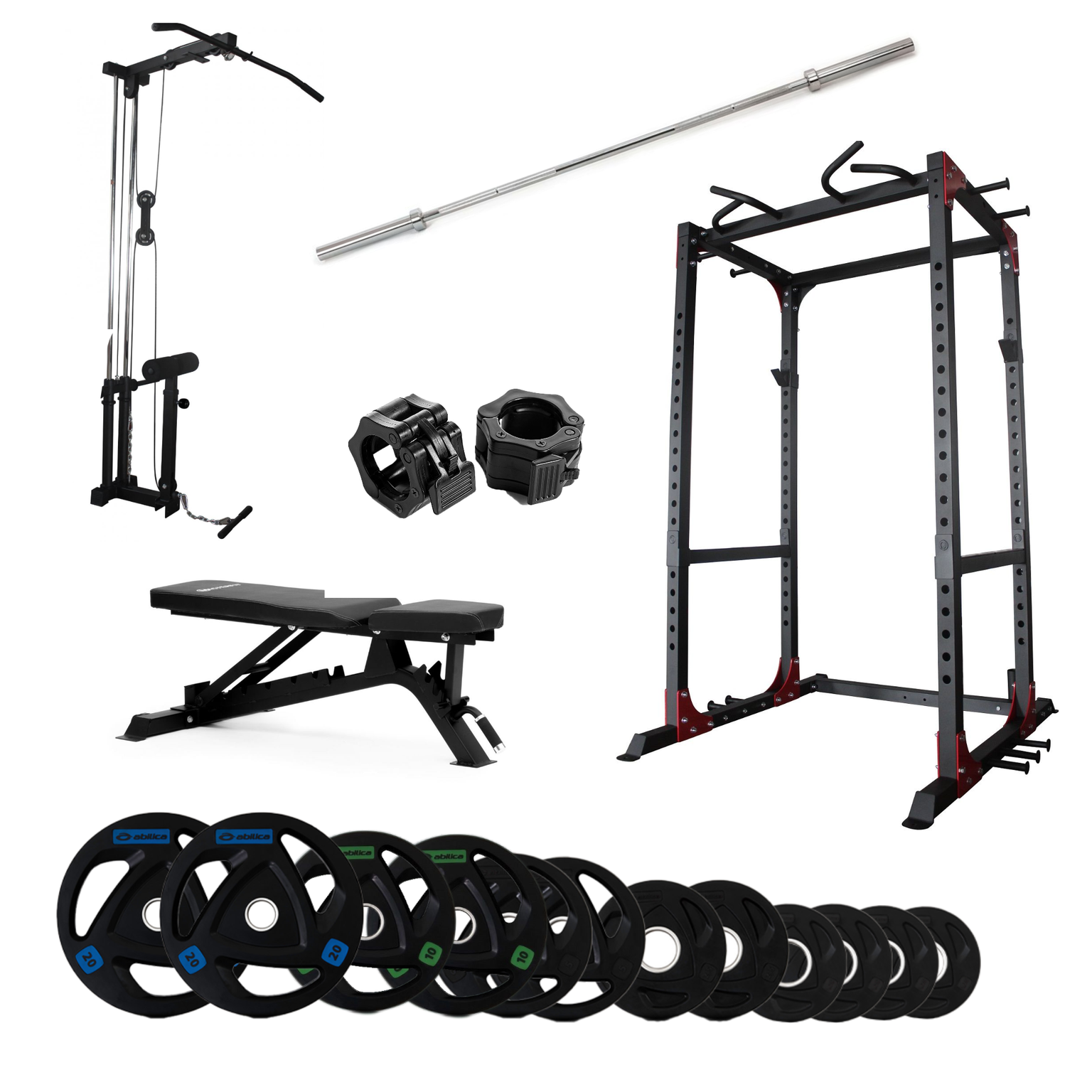 Powerrack med benk og nedtrekk olympiske vektskiver 100 kg